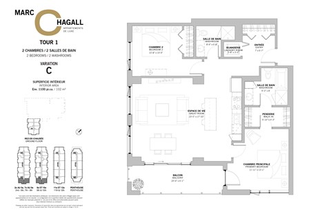 Floor plan for 2 beds, 2 baths, 1098 sqft